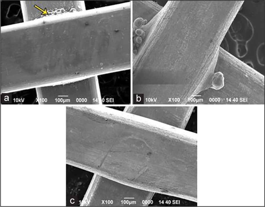 Scanning electron micrograph showing surface characteristics of the weld samples at ×100. (a) Stainless steel (b) titanium molybdenum alloy (c) tiny (arrow-weld flash)