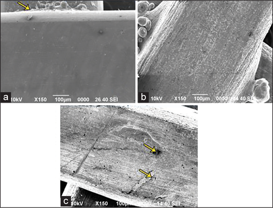 Scanning electron micrograph showing surface characteristics of the weld samples at ×150. (a) Stainless steel (b) titanium molybdenum alloy (c) titanium-niobium (arrows-voids and microcracks)