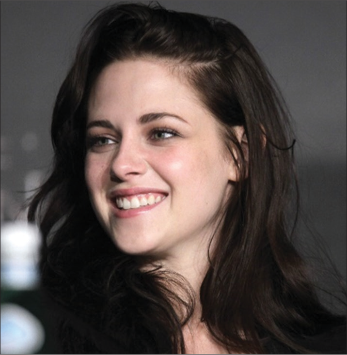 The beautiful original, unedited face and smile of Hollywood actress Kristen Stewart