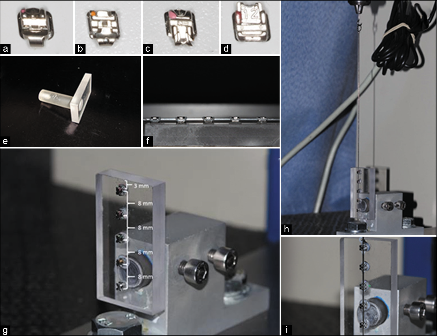 (a) In-Ovation R. (b) SLI. (c) Damon MX. (d) Tellus EX. (e) Cylindrical device adapted to acrylic plate. (f) Bonding the brackets with the parallel guide to the acrylic base. (g) Brackets positioned on the acrylic plate at a distance of 8 mm inter-brackets. (h) Wire positioned for the test. (i) Frictional resistance test being carried out n = 5.