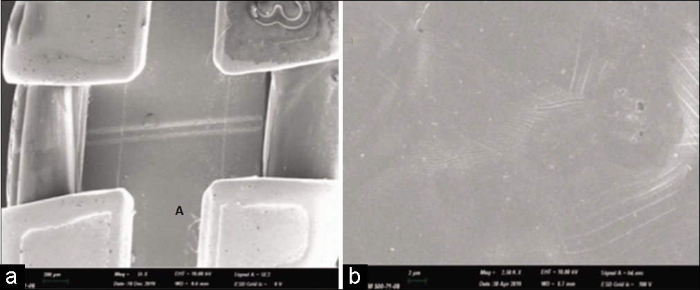 SEM images of uncoated brackets. (a) Original magnification ×50 (b) original magnification ×1000. The part visible in (b) is an enlargement of the part indicated by a.