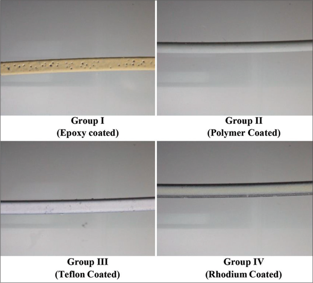 Stereomicroscopic pictures of as received esthetic-coated archwires at ×30 magnification.