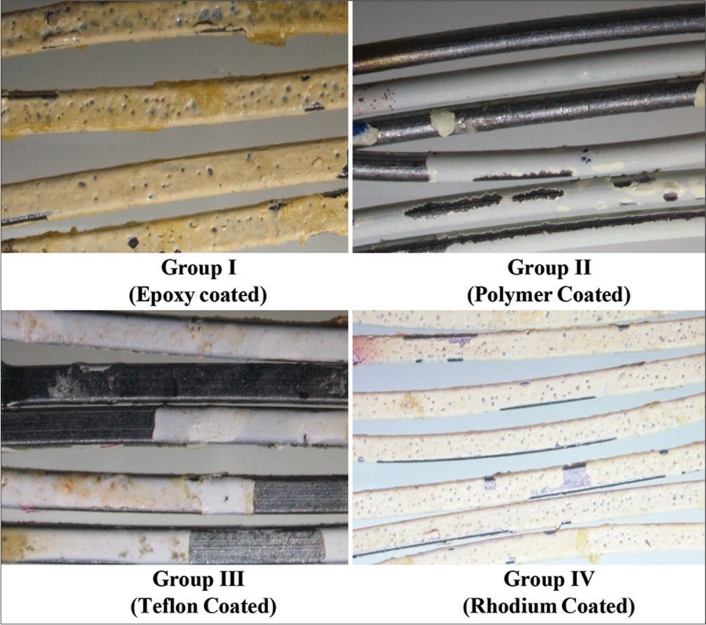 Stereomicroscopic pictures of esthetic-coated archwires at ×30 magnification after oral exposure.