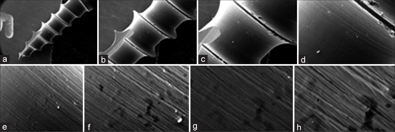 Scanning electron microscopy images of titanium alloy (Ti6Al4V) micro-implants at magnifications of (a) 61×. (b) 130×. (c) 250×. (d) 500×. (e) 1000×. (f) 2000×. (g) 3000× and (h) 4000×.