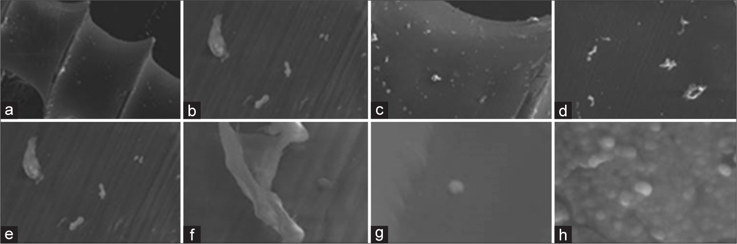 Scanning electron microscopy images of titanium alloy (Ti6Al4V) micro-implants coated with titanium oxide layer by direct current spattering method and another layer of zinc oxide layer by laser vacuum method at magnifications of (a) 50×. (b) 100×. (c) 150×. (d) 500K×. (e) 1.00K×. (f) 3.00K×. (g) 25.00× and (h) 35.00K×.