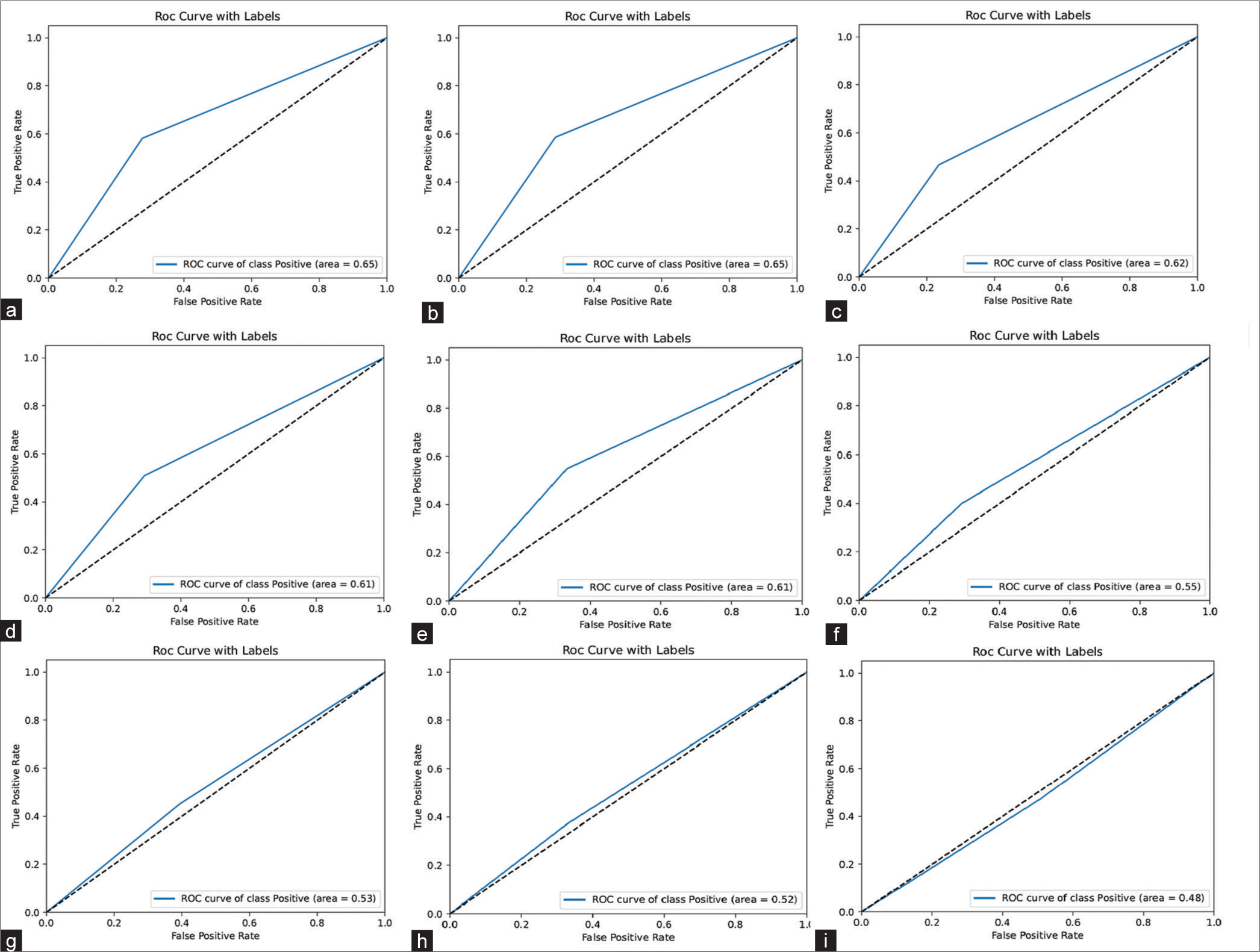 Receiver operating characteristic curves of the models for photographs (blue curves); angular dashed lines (black); (a) Xception, (b) DenseNet121, (c) ResNet50V2, (d) MobilNetV2, (e) ResNet152V2, (f) NasNetMobil, (g) InceptionResNetV2, (h) VGG16, and (i) ResNet101V2. ROC: Receiver operating characteristic; VGG16: Visual geometry group16