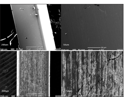 (a) Scanned electron microscopy of uncoated stainless steel wire at magnification of ×100 and ×500. (b) Scanned electron microscopy of titanium dioxide nanocoated stainless steel wire at magnification of ×100 and ×500.