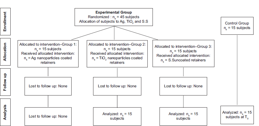 Consort flow chart. Ag: Silver, TiO2: Titanium dioxide, S.S: Stainless steel