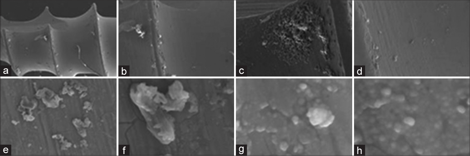 Scanning electron microscopy images of titanium alloy (Ti6Al4V) micro-implants coated with titanium oxide layer by direct current magnetron spattering method at magnifications of (a) 50×. (b) 150×; (c) 300×. (d) 500×. (e) 3.00K×. (f) 10.00K×. (g) 25.00× and (h) 35.00K×.